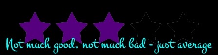 A 3 star rating. The image is a black background with three purple stars. In the foreground is teal words "Not much good, not much bad - just average."